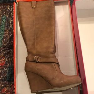 Tan wedge knee high leather boots